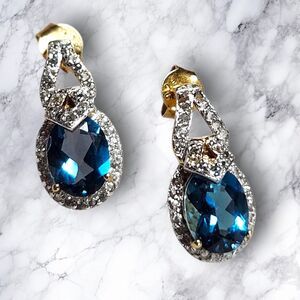 Lab Created Sapphire &White Topaz Stud Earrings 925 Stamped Sterling Silver